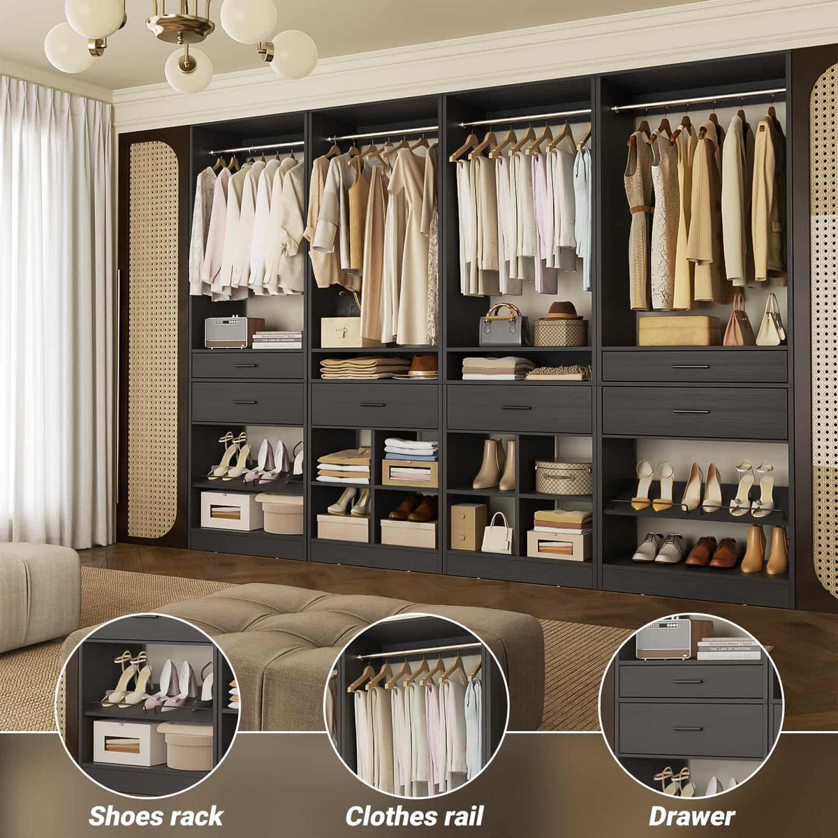 Closet System, 8.3FT Closet Organizer with 6 Wooden Drawers, Hanging Rods, Adjustable Shoe Rack and Cube Storage