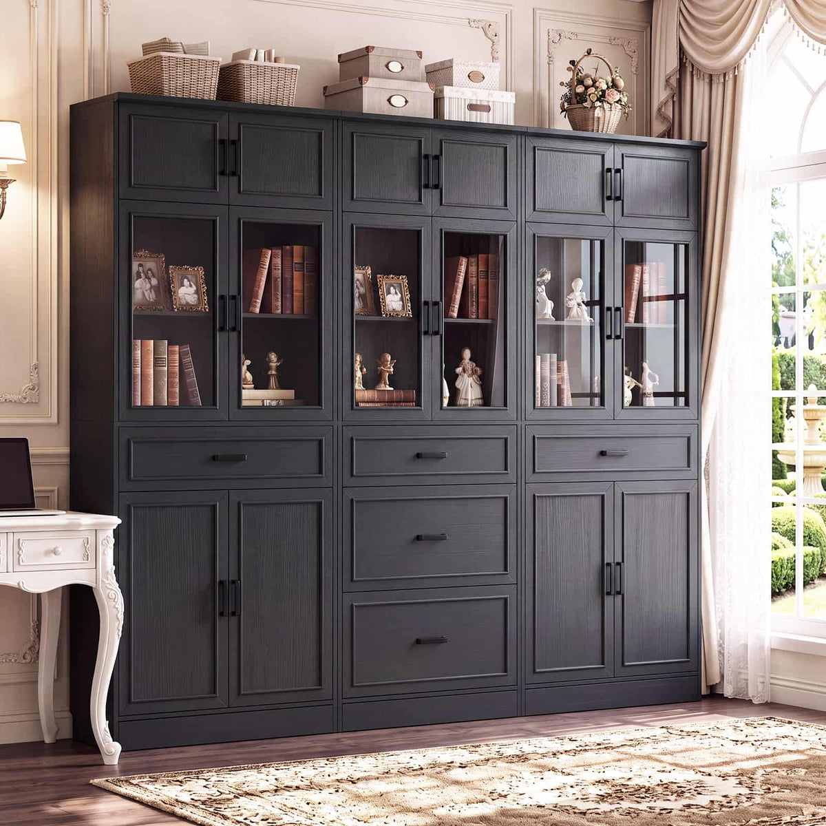 80" Tall Wide Bookshelf W/ 5 Storage Drawers & Doors