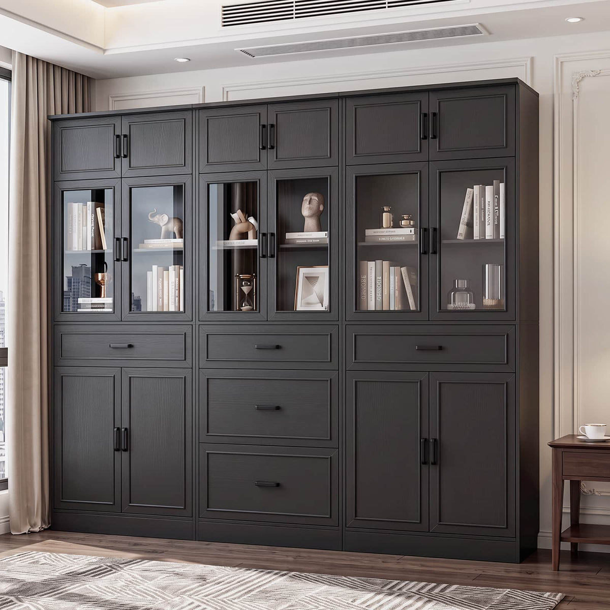 80" Tall Wide Bookshelf W/ 5 Storage Drawers & Doors
