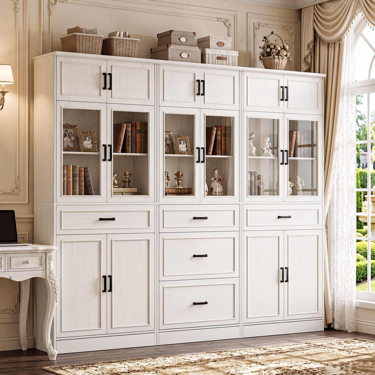 80" Tall Wide Bookshelf W/ 5 Storage Drawers & Doors