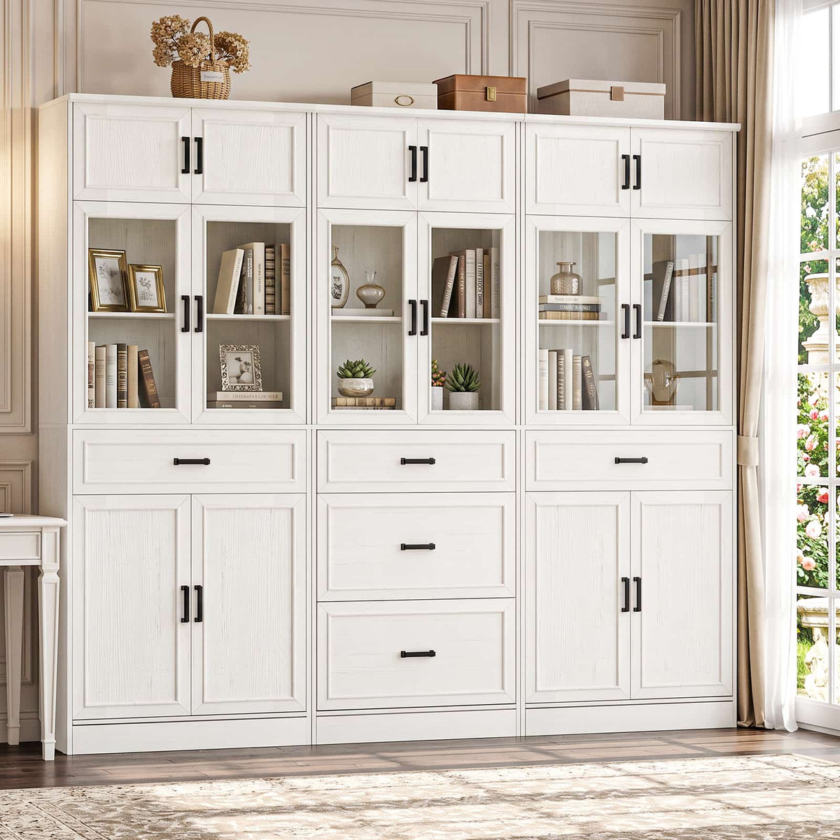 80" Tall Wide Bookshelf W/ 5 Storage Drawers & Doors