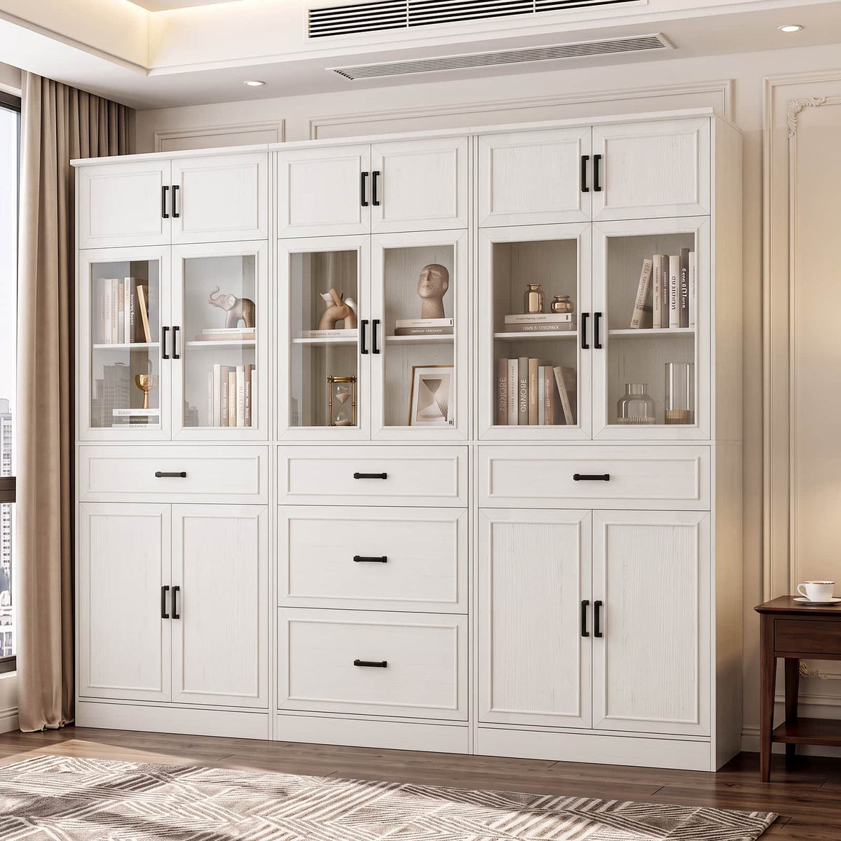 80" Tall Wide Bookshelf W/ 5 Storage Drawers & Doors