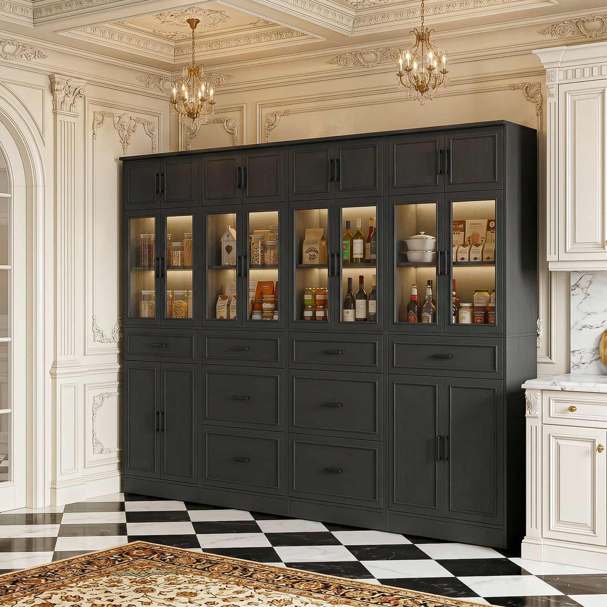 80" Tall Modular Kitchen Pantry Cabinet with Glass Door and Drawers