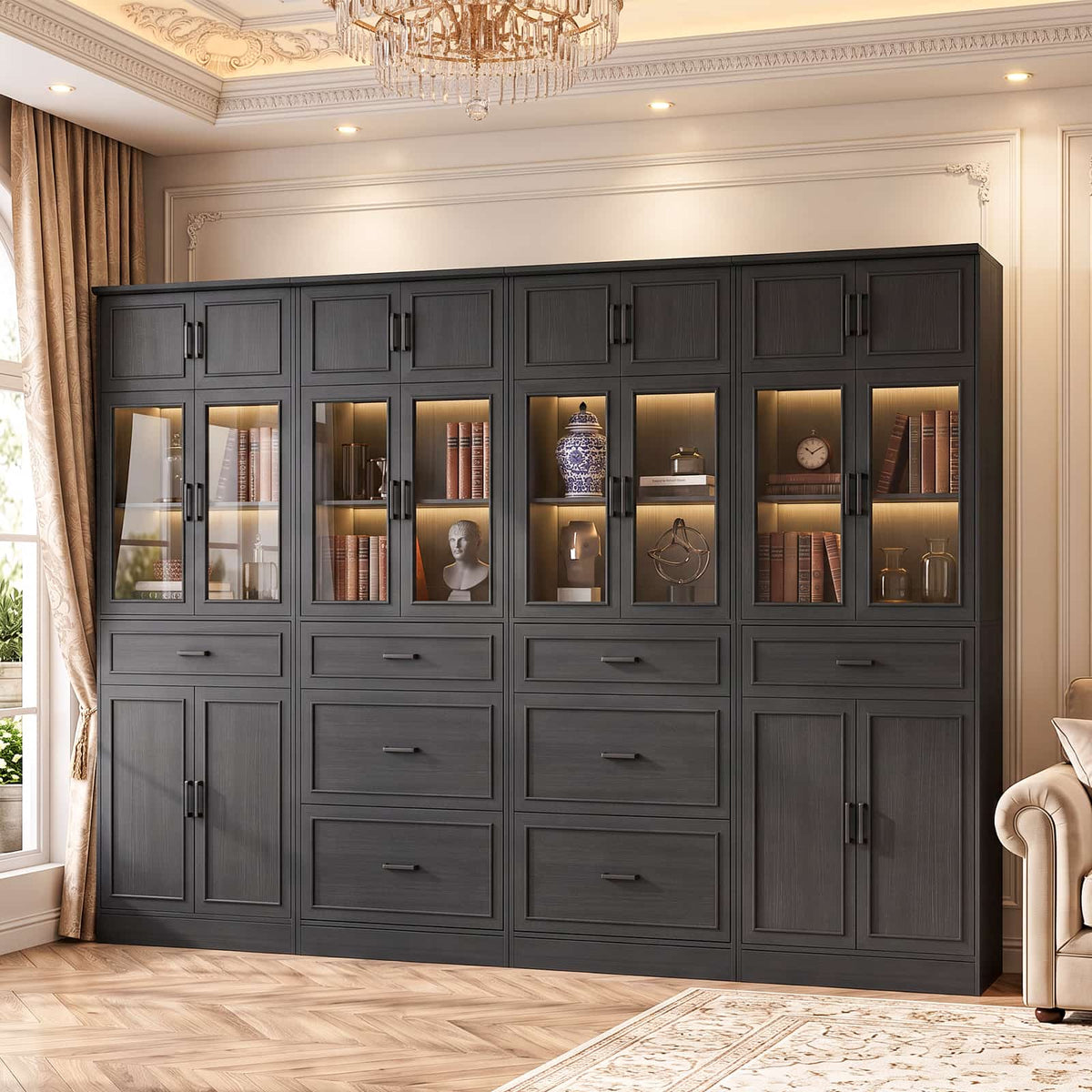 80" Tall Large Bookcase W/ 8 Storage Drawers & Doors