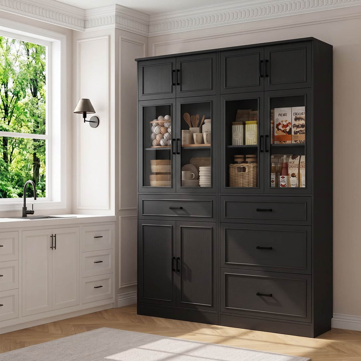 80" Kitchen Pantry Storage Cabinet with Glass Door and 4 Drawers