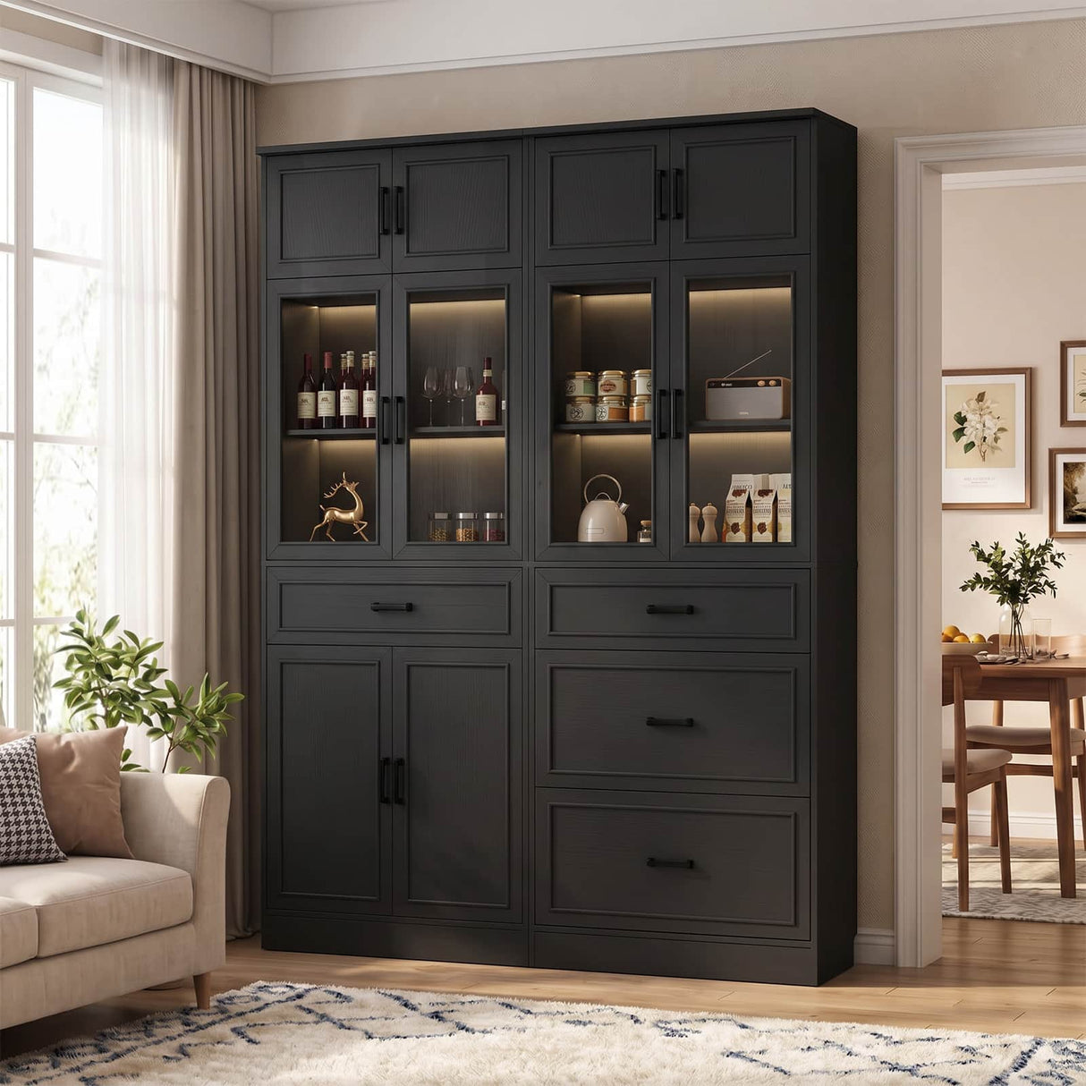 80" Kitchen Pantry Storage Cabinet with Glass Door and 4 Drawers