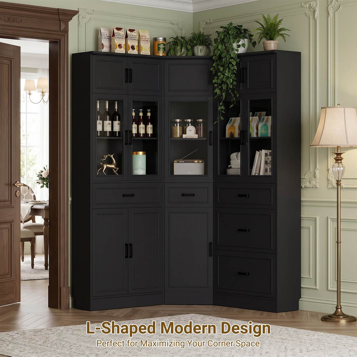 80" Tall Corner Pantry Cabinet with Soft Close Doors with Drawers