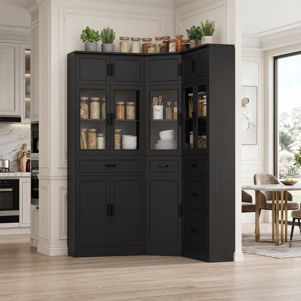 80" Tall Corner Pantry Cabinet with Soft Close Doors with Drawers