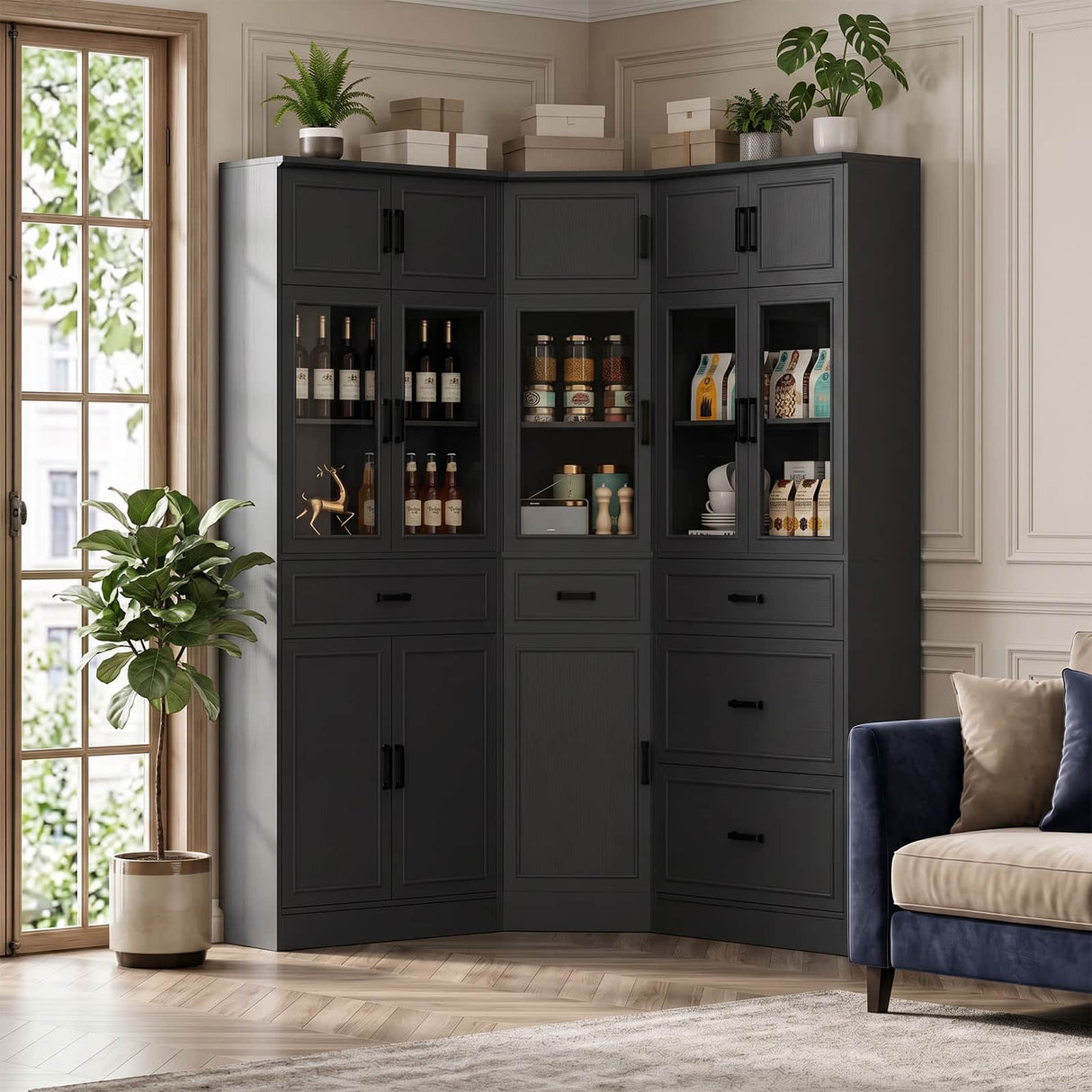 80" Tall Corner Pantry Cabinet with Soft Close Doors with Drawers