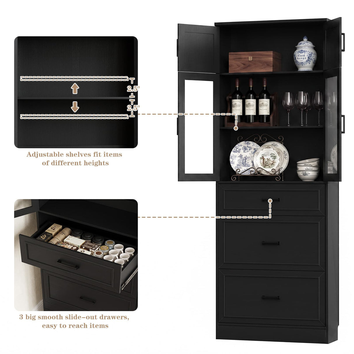 80" Kitchen Pantry Cabinet with Glass Door and 3 Drawer Organizers