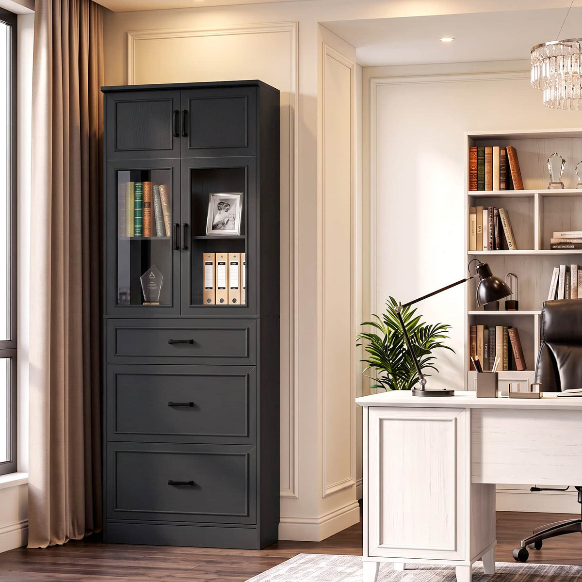80" Tall Bookshelf, White Bookcase with Glass Doors and 3 Drawers