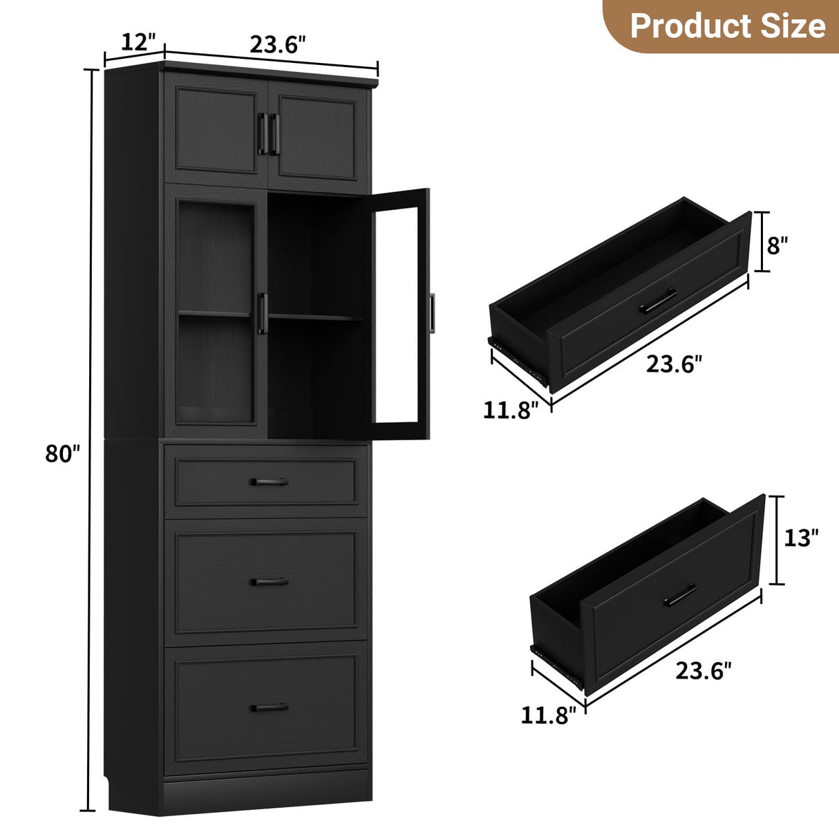 80" Kitchen Pantry Cabinet with Glass Door and 3 Drawer Organizers