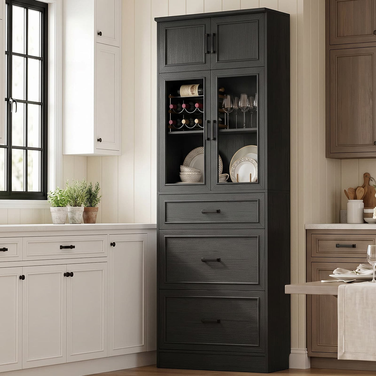 80" Tall Bookshelf, White Bookcase with Glass Doors and 3 Drawers