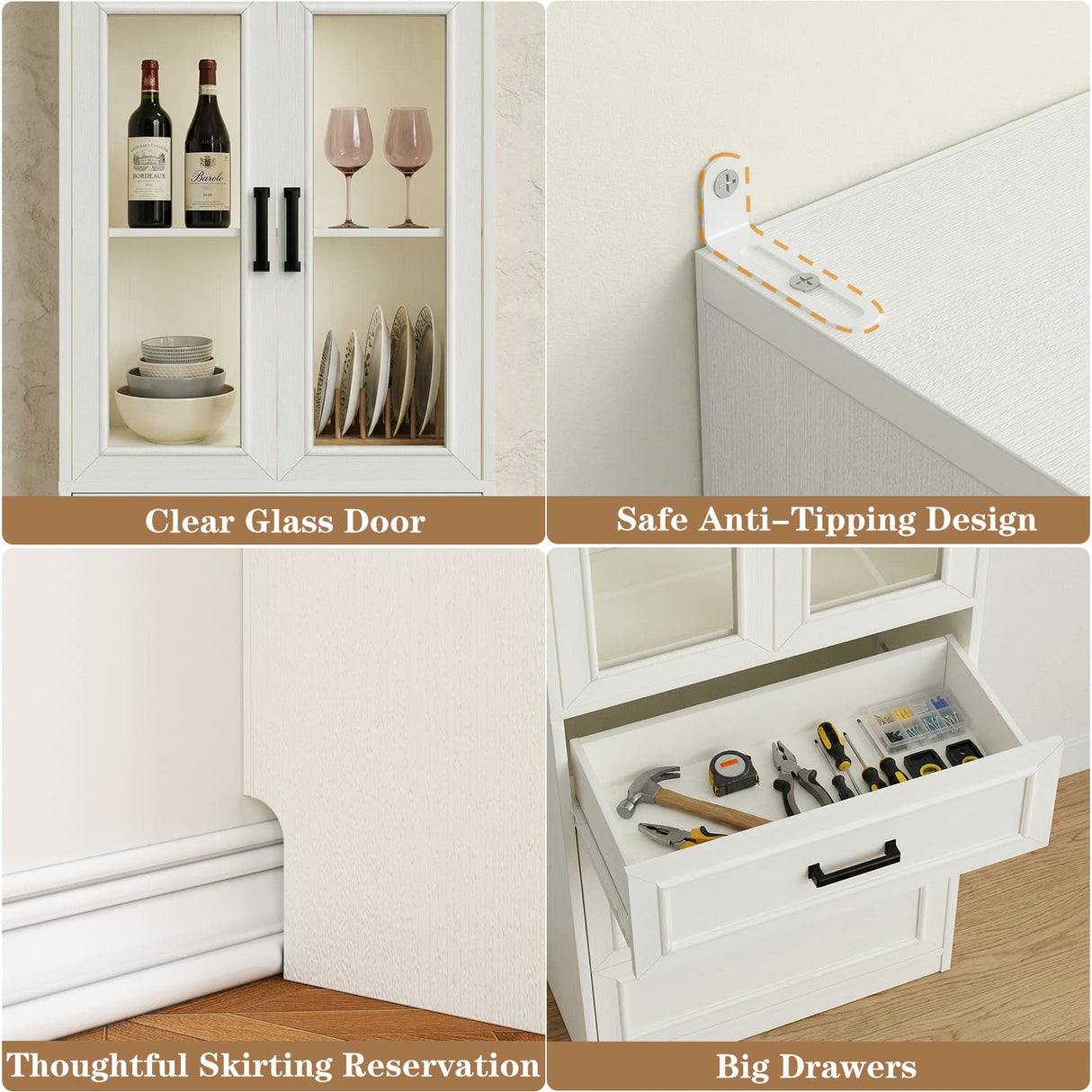80" Kitchen Pantry Cabinet with Glass Doors and 6 Drawer Organizers