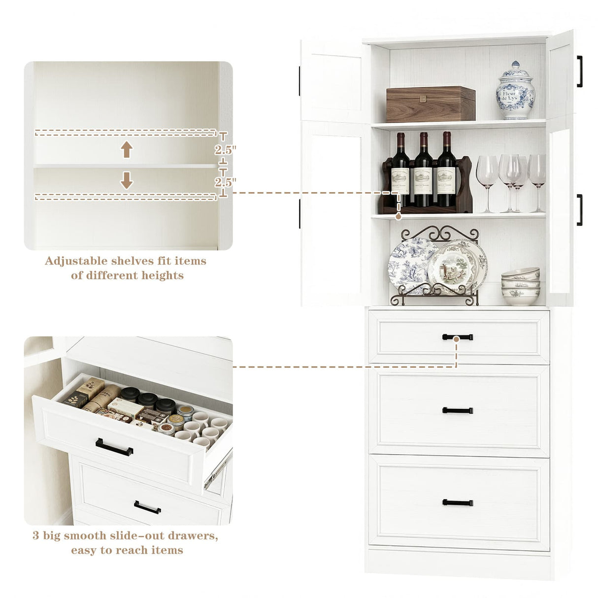 80" Kitchen Pantry Cabinet with Glass Doors and 6 Drawer Organizers