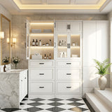 80" Kitchen Pantry Cabinet with Glass Doors and 6 Drawer Organizers