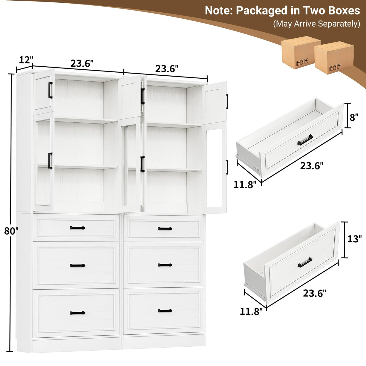 80" Kitchen Pantry Cabinet with Glass Doors and 6 Drawer Organizers
