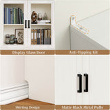 80" Tall Bookshelf, White Bookcase with Glass Doors and 3 Drawers
