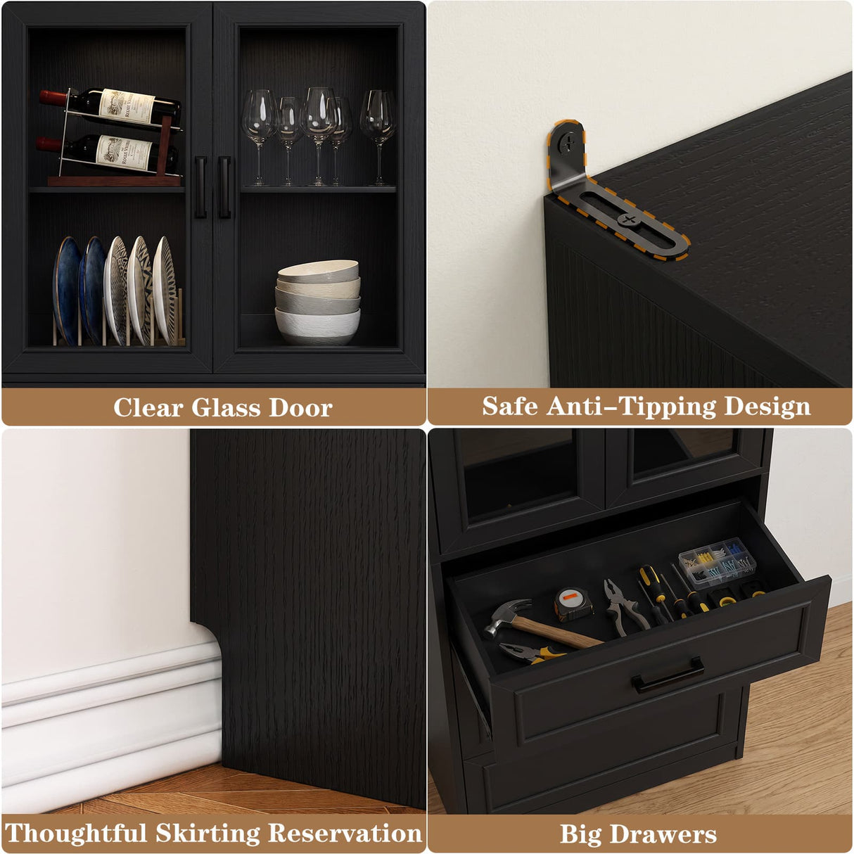 80" Kitchen Pantry Cabinet with Glass Doors and Drawer Organizer