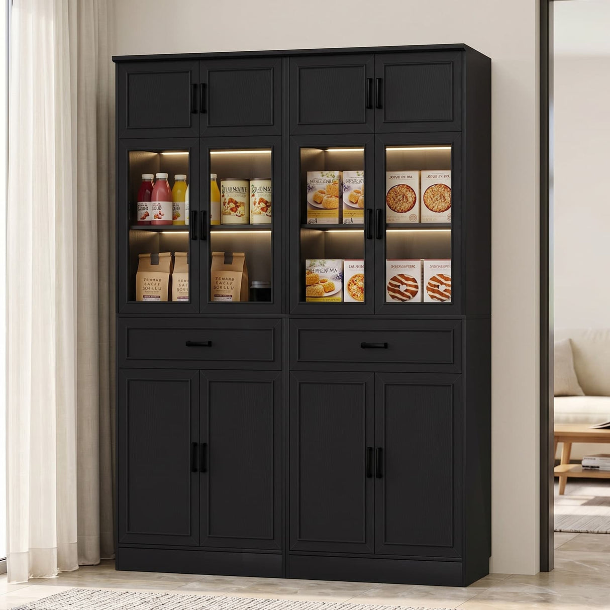 80" Kitchen Pantry Cabinet with Glass Doors and 6 Drawer Organizers