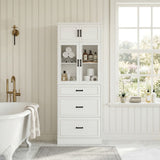 80" Tall Bookshelf, White Bookcase with Glass Doors and 3 Drawers