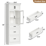 80" Tall Bookshelf, White Bookcase with Glass Doors and 3 Drawers