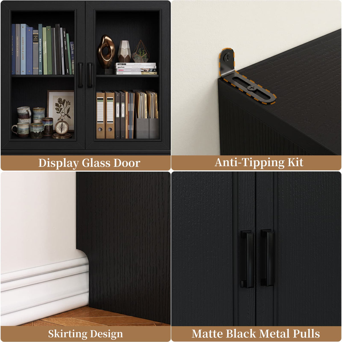 80" Tall Bookcase, Black Bookshelf with Glass Doors and Drawer