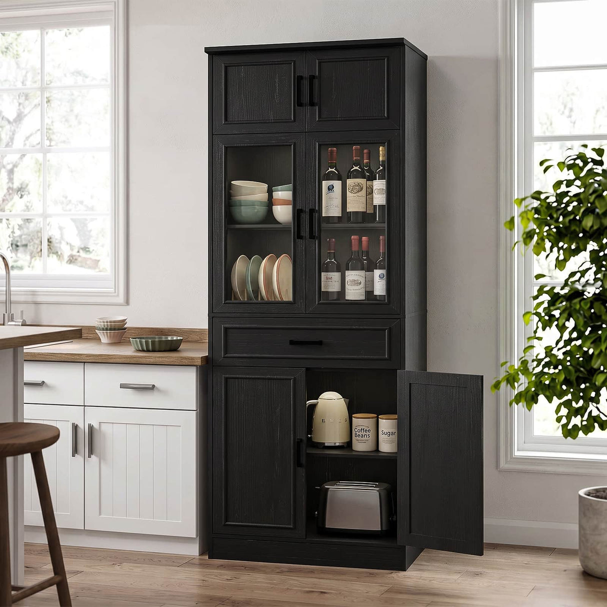 80" Kitchen Pantry Cabinet with Glass Doors and Drawer Organizer