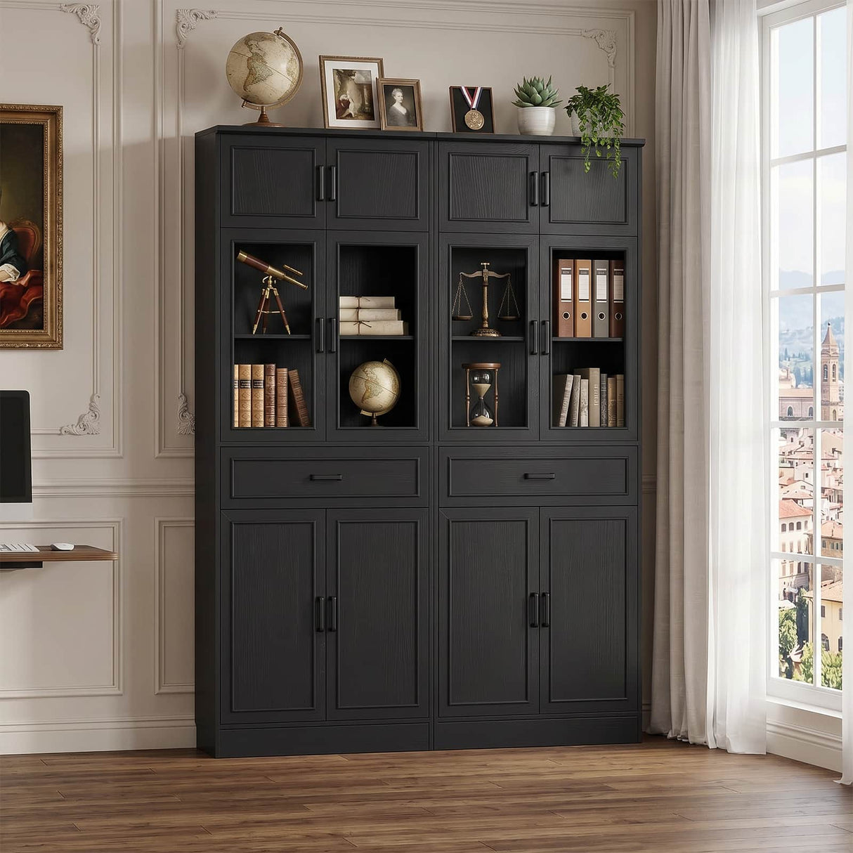 80" Kitchen Pantry Cabinet with Glass Doors and Drawer Organizer