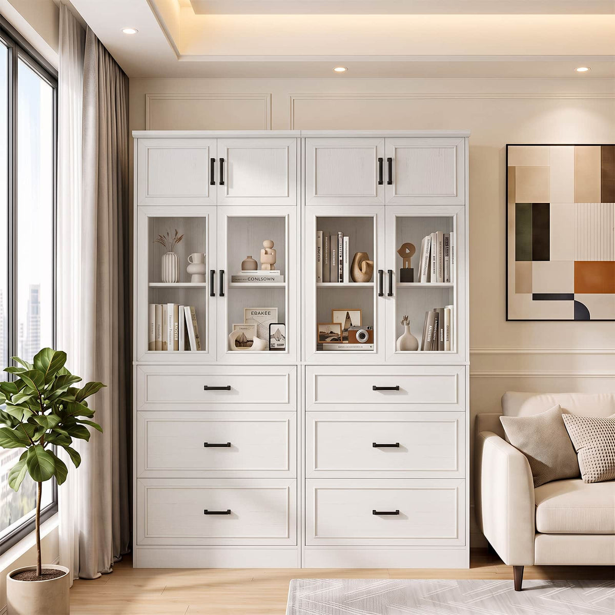 80" Tall Bookshelf, White Bookcase with Glass Doors and 3 Drawers