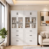80" Tall Bookshelf, White Bookcase with Glass Doors and 3 Drawers