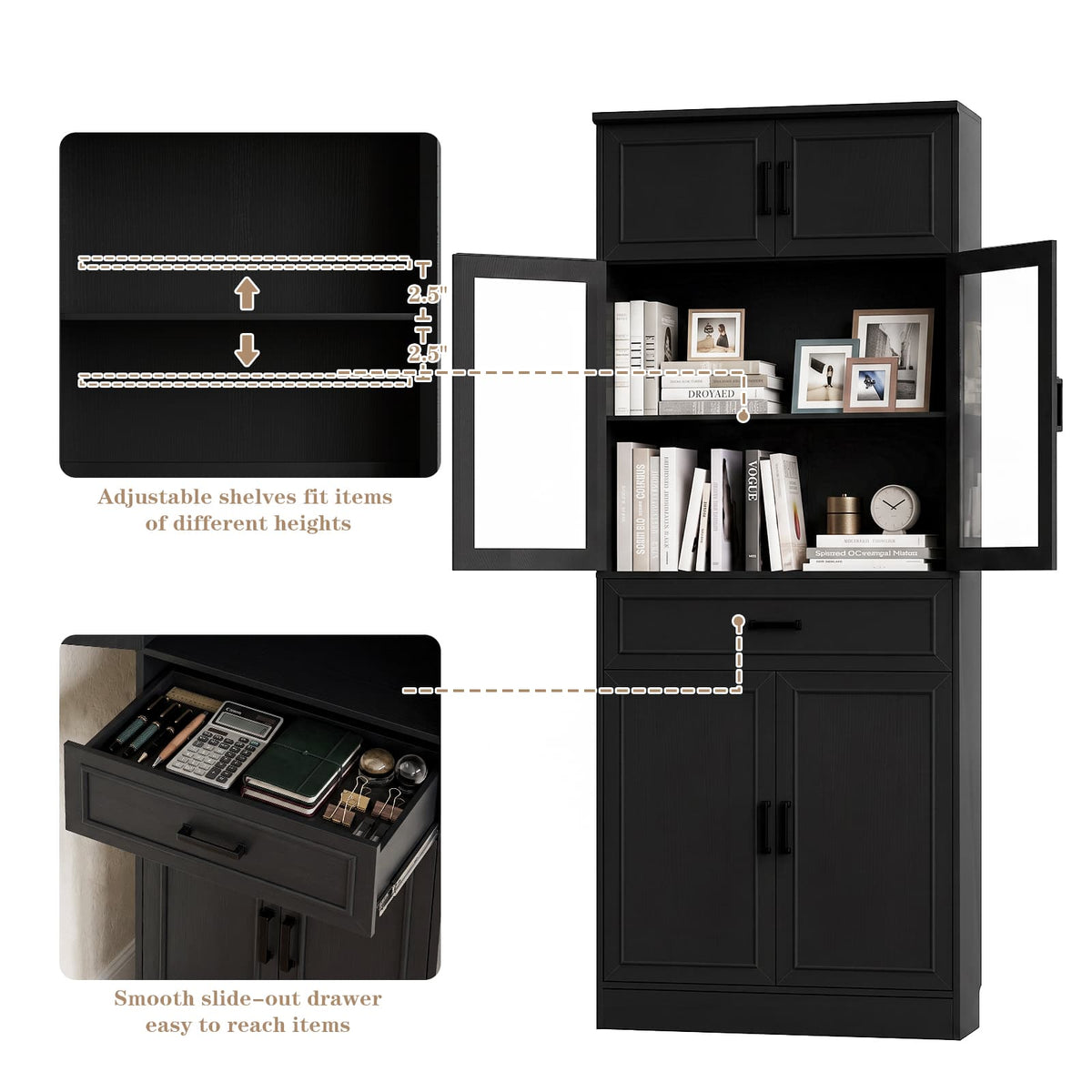 80" Tall Bookcase, Black Bookshelf with Glass Doors and Drawer