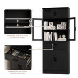 80" Tall Bookcase, Black Bookshelf with Glass Doors and Drawer