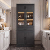 80" Kitchen Pantry Cabinet with Glass Doors and Drawer Organizer