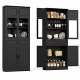 80" Kitchen Pantry Cabinet with Glass Doors and Drawer Organizer