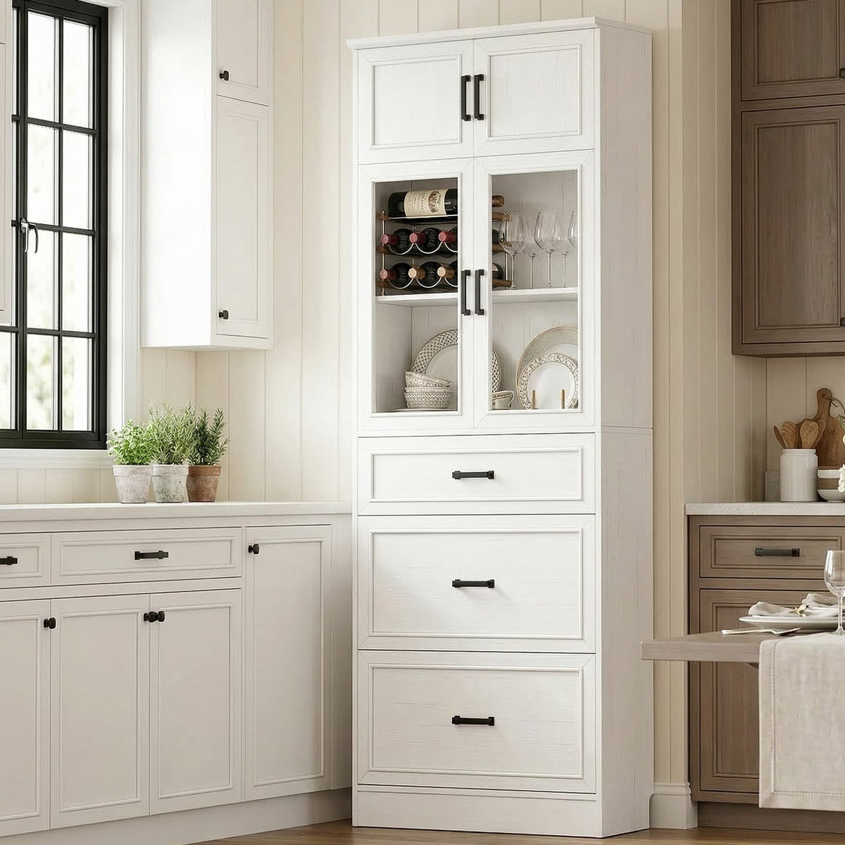 80" Tall Bookshelf, White Bookcase with Glass Doors and 3 Drawers
