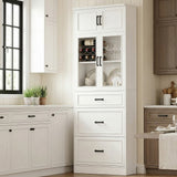 80" Tall Bookshelf, White Bookcase with Glass Doors and 3 Drawers