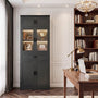 80" Tall Bookcase, Black Bookshelf with Glass Doors and Drawer