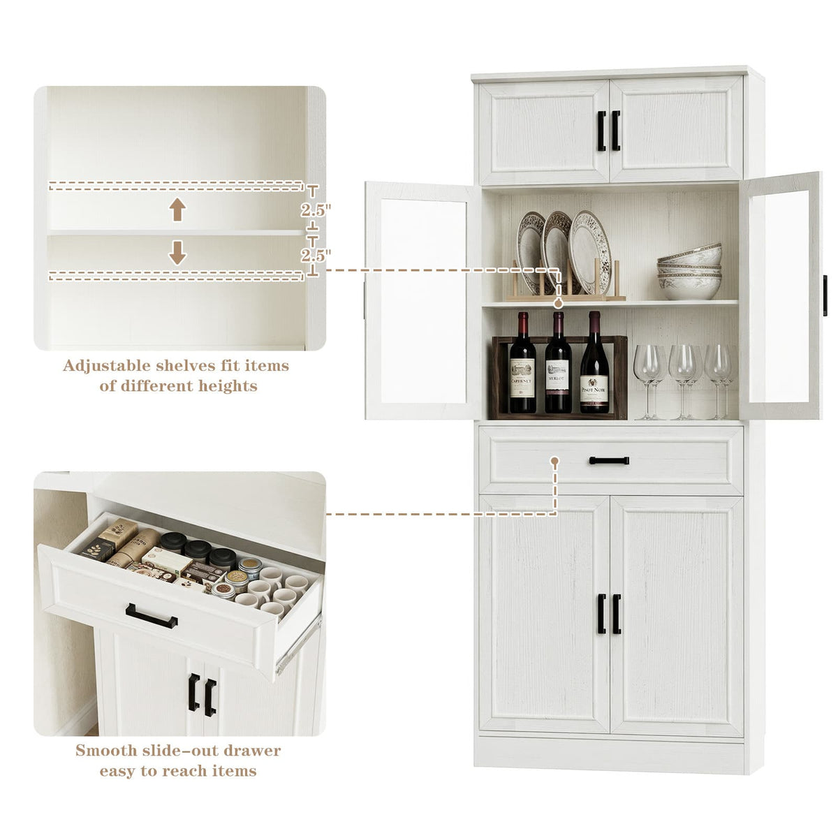 80" Pantry Cabinet with Soft Close Doors and 2 Drawer Organizers