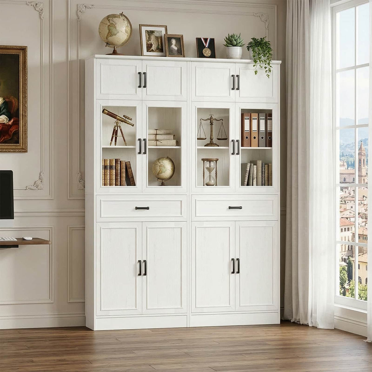 80" Tall Bookcase, Black Bookshelf with Glass Doors and Drawer