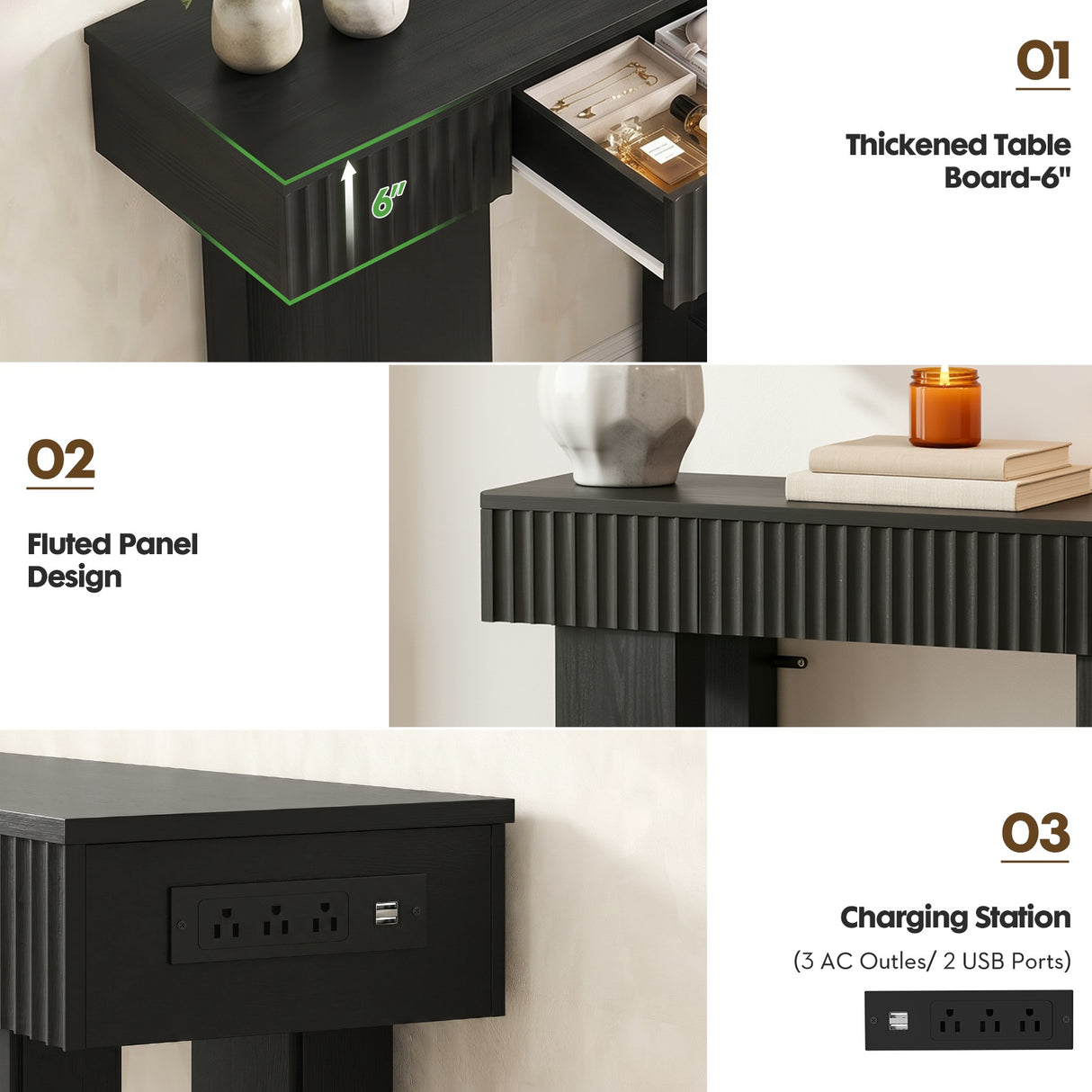 39" Console Table with Drawer and Outlets W/ USB-C, Modern Fluted Entryway Table With Storage