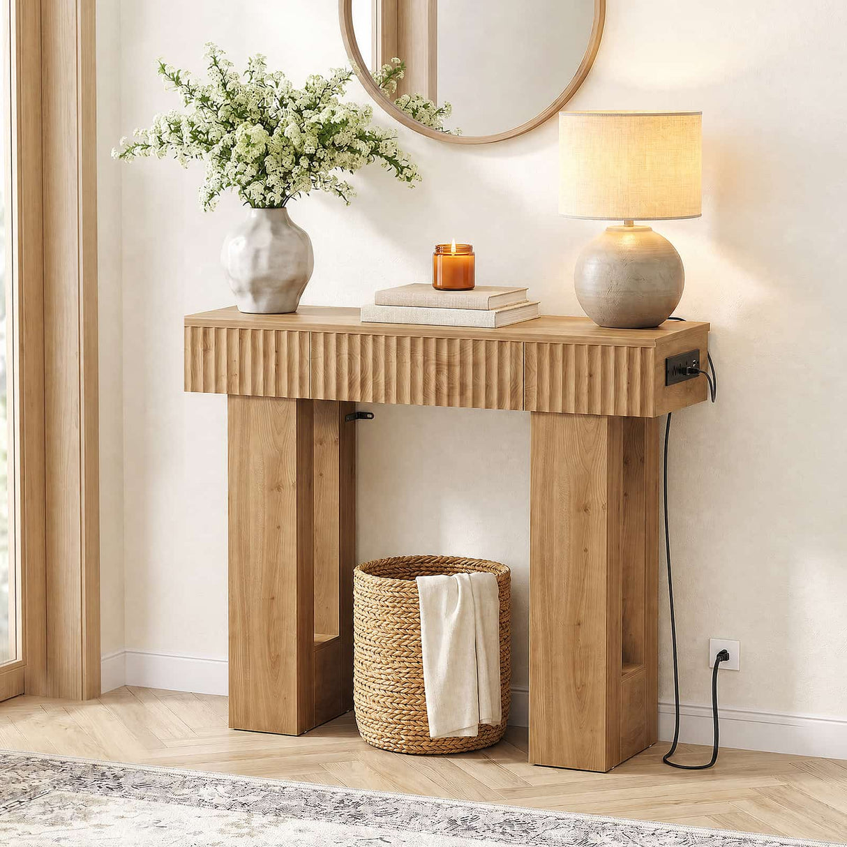 39" Console Table with Drawer and Outlets W/ USB-C, Modern Fluted Entryway Table With Storage