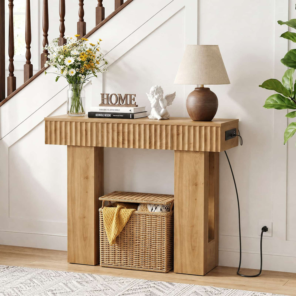 39" Console Table with Drawer and Outlets W/ USB-C, Modern Fluted Entryway Table With Storage