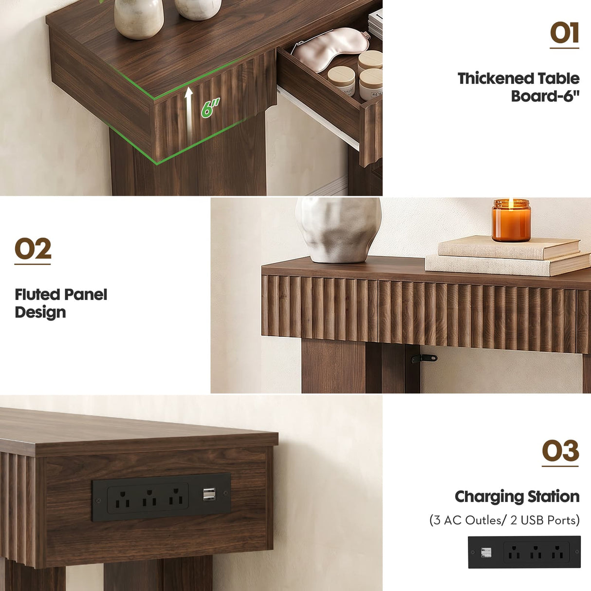 39" Console Table with Drawer and Outlets W/ USB-C, Modern Fluted Entryway Table With Storage