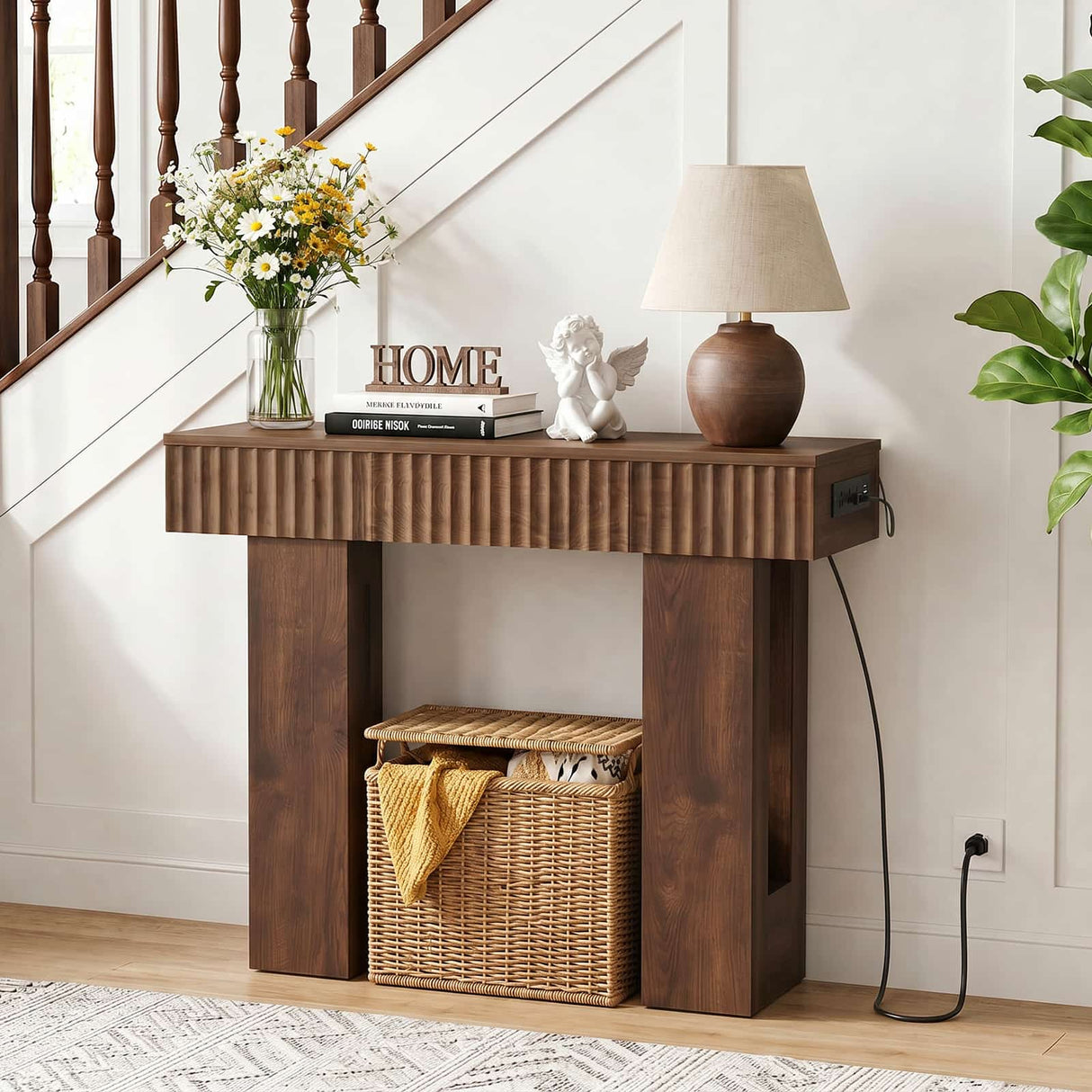 39" Console Table with Drawer and Outlets W/ USB-C, Modern Fluted Entryway Table With Storage