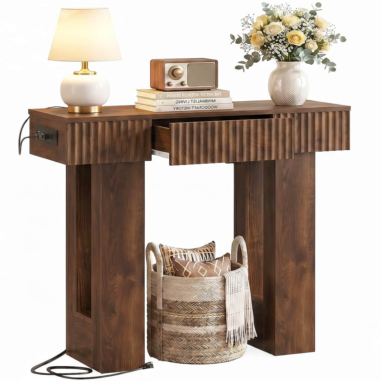 39" Console Table with Drawer and Outlets W/ USB-C, Modern Fluted Entryway Table With Storage