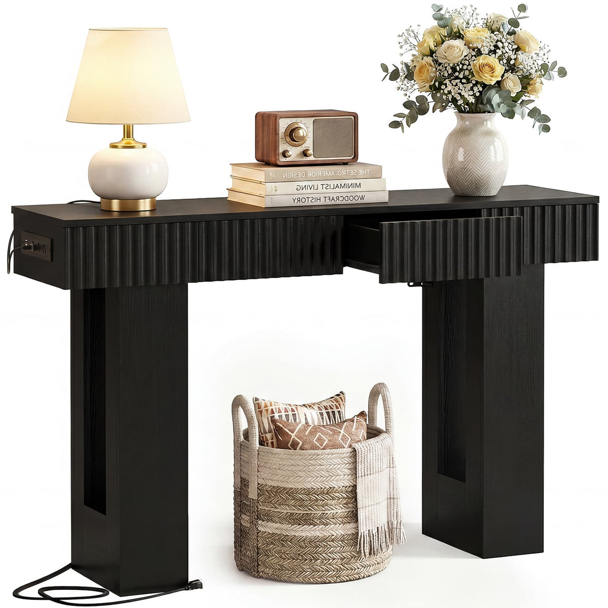 47" Console Table with 2 Drawers and Outlets W/ USB-C, Modern Fluted Entryway Table With Storage