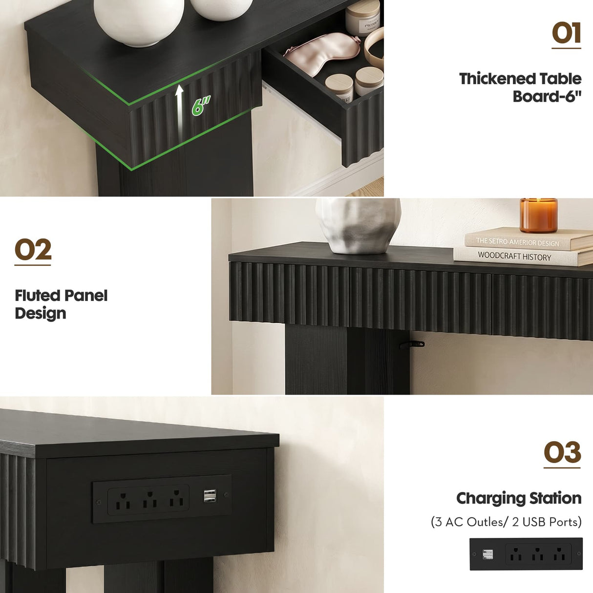 47" Console Table with 2 Drawers and Outlets W/ USB-C, Modern Fluted Entryway Table With Storage