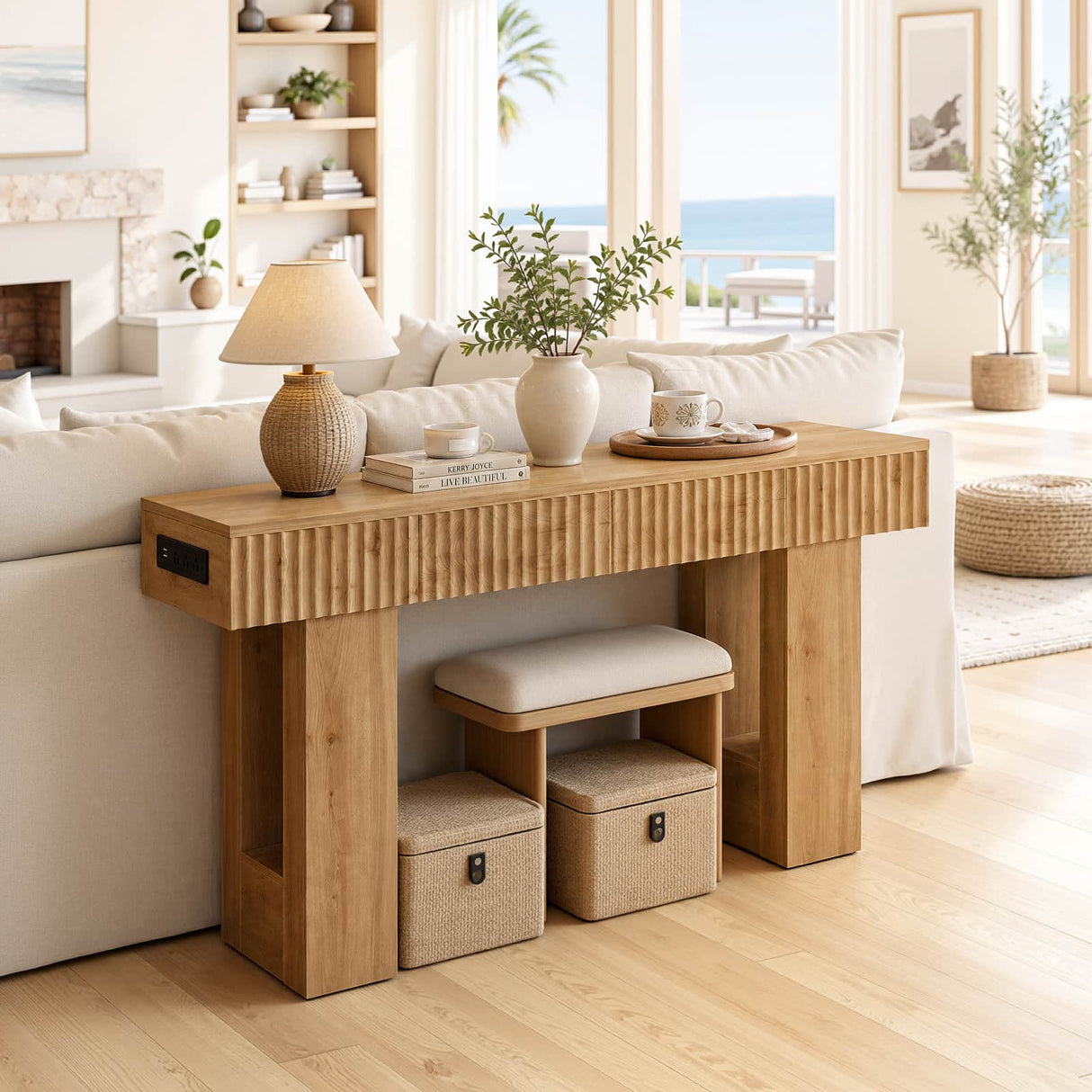 47" Console Table with 2 Drawers and Outlets W/ USB-C, Modern Fluted Entryway Table With Storage