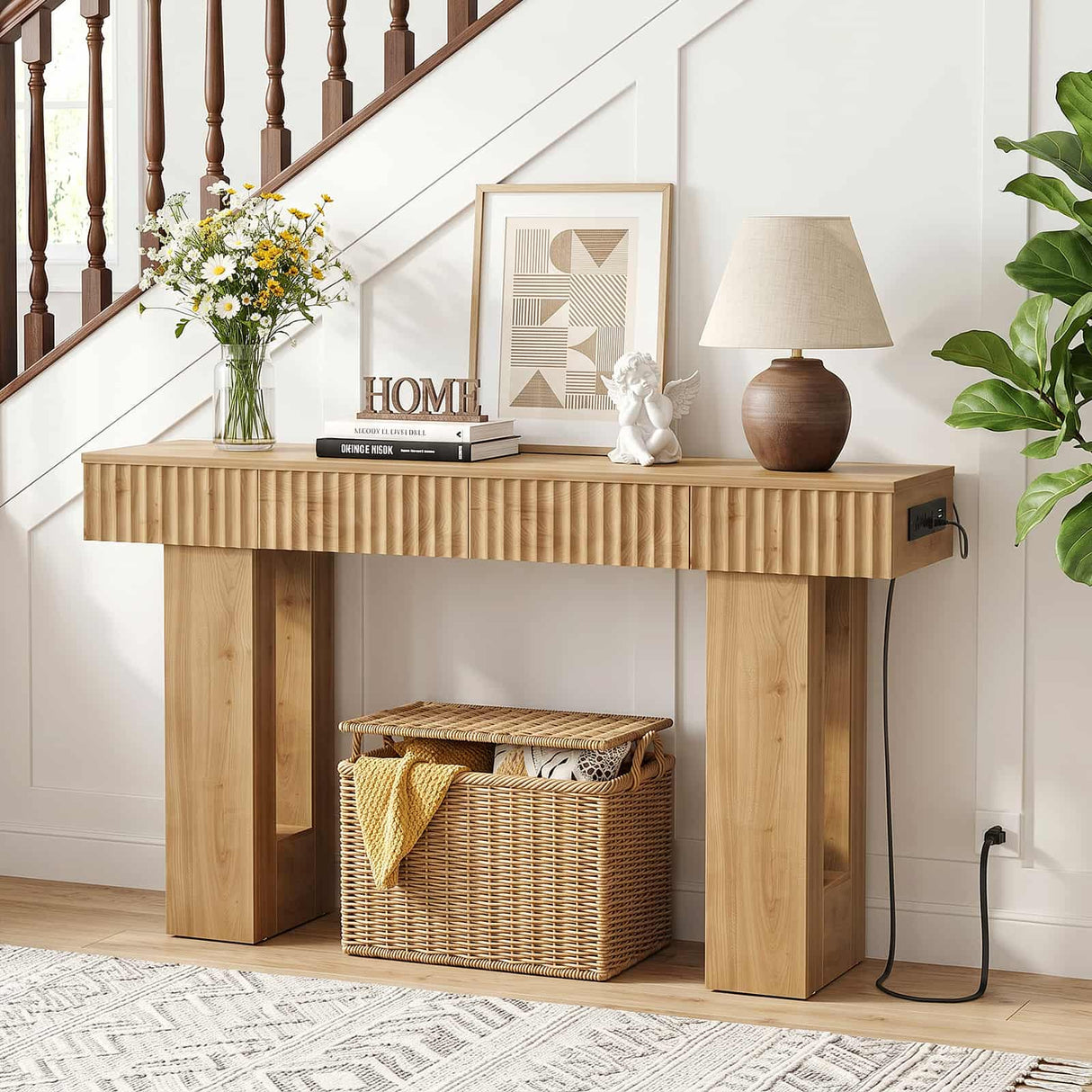 47" Console Table with 2 Drawers and Outlets W/ USB-C, Modern Fluted Entryway Table With Storage
